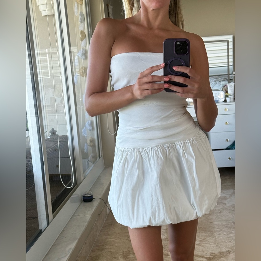 Klesis strapless white bubble mini dress
